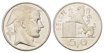 Бельгия 50 франков 1950 Леопольд III (1934-1950), Belgiqe KM 137 серебро UNC 3855-533