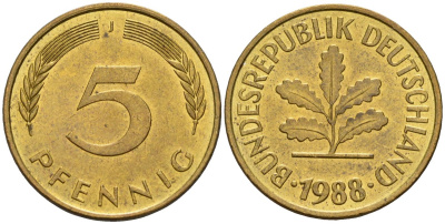 ФРГ 5 пфеннигов 1988 J KM 107, J.382 сталь плакированная латунью 4174-1068
