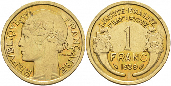 Франция 1 франк 1939 тип Морлон KM 885, LE FRANC 219.10 алюминиевая бронза 186-314