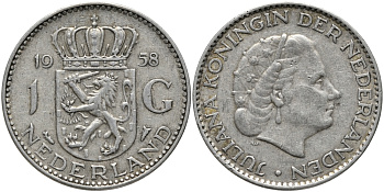 Нидерланды 1 гульден 1958 Юлиана (1948-1980) KM 184 серебро 413-3643