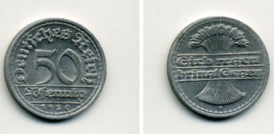 ГЕРМАНИЯ 50 ПФЕННИГОВ 1920 F KM 27, J. 301 алюминий 41-753