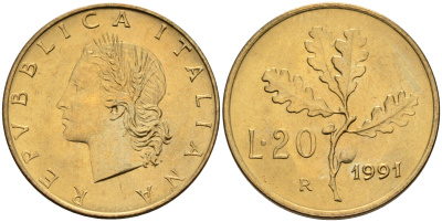 Италия 20 лир 1991 R, дубовый лист KM 97.2 алюминиевая бронза  UNC  4594-839