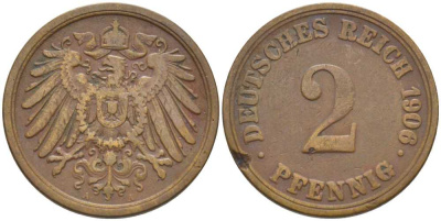 ГЕРМАНИЯ 2 ПФЕННИГА 1906 A KM 16, J. 11, Weege 4 медь 206-523
