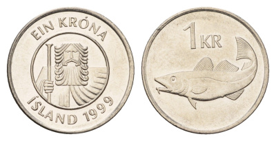 Исландия 1 крона 1999 треска KM 27a сталь плакированная никелем UNC 4687-846