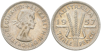 Австралия 3 пенса 1957 m, Елизавета II (1952-2022) KM 57 серебро 4621-1241