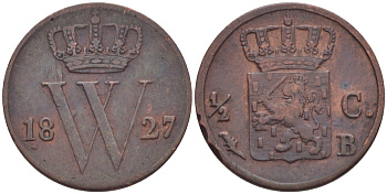 НИДЕРЛАНДЫ 1/2 ЦЕНТА 1827 В KM 51 медь 100-265