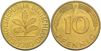 ФРГ 10 ПФЕННИГОВ 1980 D KM 108, J. 383 сталь плакированная латунью 219-531