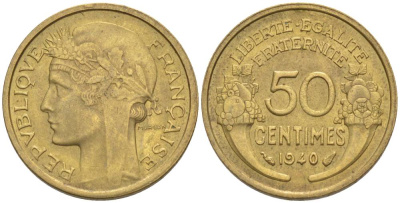 ФРАНЦИЯ 50 САНТИМОВ 1940 ТИП MORLON KM 894.1, LE FRANC 192.17 алюминиевая бронза 44-759