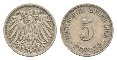 Германия 5 пфеннигов 1913 D, Вильгельм II (1888-1918) KM 11, J.12 медно-никель 4644-1067