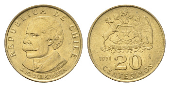 Чили 20 сентесимо 1971 KM 195 алюминиевая бронза UNC 4689-141