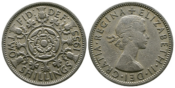 Великобритания 2 шиллинга (флорин) 1955 Елизавета II (1952-2022) KM 906, Spink 4146 медно-никель 4607-922