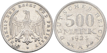 Германия 500 марок 1923 А KM 36, J.305 алюминий 4587-524