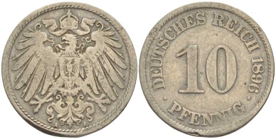ГЕРМАНИЯ 10 ПФЕННИГОВ 1896 A KM 12, J. 13 медно-никель 4401-1012
