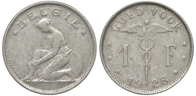 Бельгия 1 франк 1928 Belgie KM 90 никель 51-1254