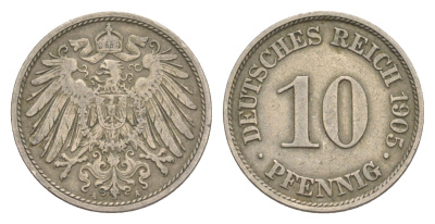 Германия 10 пфеннигов 1905 A, Вильгельм II (1888-1918) KM 12, J. 13 медно-никель 4647-916