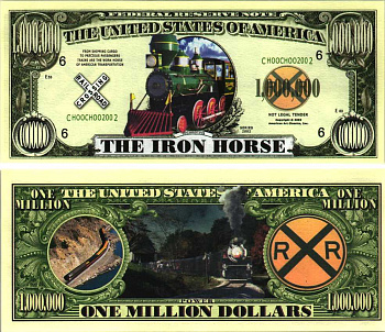 США 1000000 ДОЛЛАРОВ 2002 СУВЕНИРНАЯ БАНКНОТА, ПАРОВОЗ, ЖЕЛЕЗНЫЙ КОНЬ, ЖЕЛЕЗНЫЕ ДОРОГИ АМЕРИКИ, ПАРОВОЗ бумага UNC (ПРЕСС) 7198-41-3-2