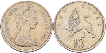 Великобритания 10 пенсов 1968 Елизавета II (1952-2022) KM 912, Spink 4231 (F1) медно-никель 4593-811