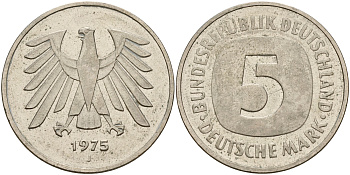 ФРГ 5 марок 1975 J, монетный двор Гамбург КМ 140.1, J. 415 медно-никель плакированный никелем 4599-435