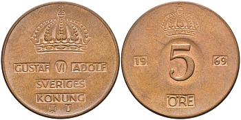 Швеция 5 эре 1969 U, Густав VI Адольф (1950-1973), в лаке KM 822 бронза 4557-832