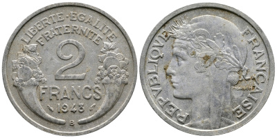 Франция 2 франка 1948 В KM 886а.2 алюминий 83-1943