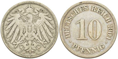 Германия 10 пфеннигов 1901 A KM 12, J. 13, Weege 8 медно-никель 259-821