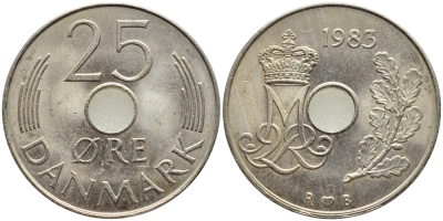 ДАНИЯ 25 ЭРЕ 1983 R; B, МАРГРЕТЕ II (1972-) KM 861.3 медно-никель 4397-223