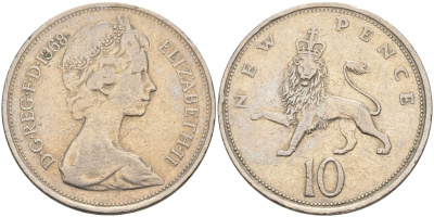 Великобритания 10 пенсов 1968 Елизавета II (1952-2022) KM 912, Spink 4231 (F1) медно-никель 4593-811