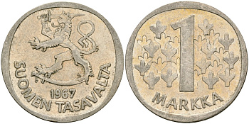 Финляндия 1 марка 1967 S KM 49 серебро 4582-1247