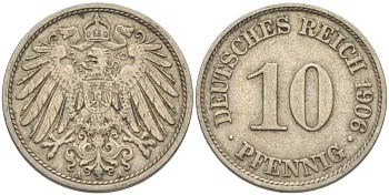 ГЕРМАНИЯ 10 ПФЕННИГОВ 1906 А KM 12, J. 13 медно-никель 210-645