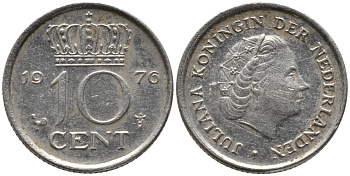 Нидерланды 10 центов 1976 Юлиана (1948-1980) КМ 182 никель 220-1268
