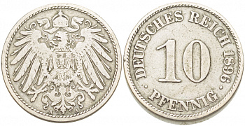ГЕРМАНИЯ 10 ПФЕННИГОВ 1896 A KM 12, J. 13, Weege 8 медно-никель 212-827