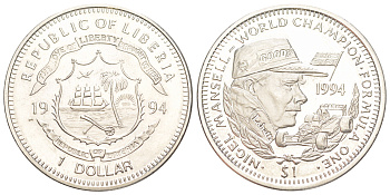 Либерия 1 доллар 1994 FM, Формула 1 - Найджел Мэнселл UC 101 медно-никель BU 4044-133