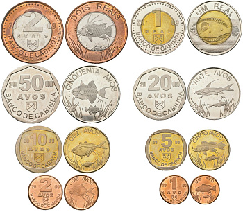 Кабинда, Ангола набор из 8 монет (1, 2, 5, 10, 20 и 50 авос, 1 и 2 рейс) 2009 рыбы X 25, 26, 27, 28, 29, 30, 31 и 32 сталь плакированная никелем, сталь плакированная латунью, латунь, никель, биметалл PROOF N3-13