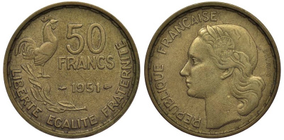 ФРАНЦИЯ 50 ФРАНКОВ 1951 ПЕТУХ KM 918.1, LE FRANC 425.5 алюминиевая бронза 27-837