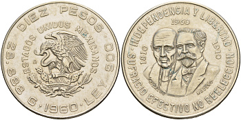 Мексика 10 песо 1960 Мо, 150 лет войне за независимость Мексики, Идальго и Марелос KM 476 серебро UNC 3831-423