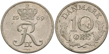 Дания 10 эре 1969 C,S, Фредерик IX (1947-1972) KM 849.1 медно-никель 4564-1227
