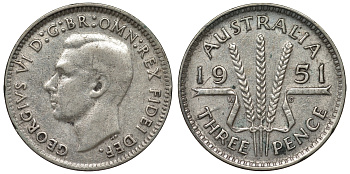 Австралия 3 пенса 1951 m, Георг VI (1937-1952), без букв KM 44 серебро 71-351