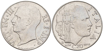 ИТАЛИЯ 20 ЧЕНТЕЗИМО 1941 R, ГОД XIX, ВИКТОР ЭММАНУИЛ III (1900-1946) KM 75b, VEM3. 1028 нержавеющая сталь 3853-736