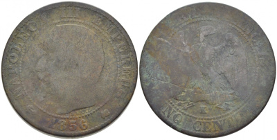 ФРАНЦИЯ 5 САНТИМОВ 1856 K, НАПОЛЕОН III (1852-1870) KM 777.5, LA FRANC 116.34 бронза 4448-117
