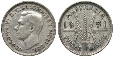 Австралия 3 пенса 1951 m, Георг VI (1937-1952), без букв KM 44 серебро 71-351