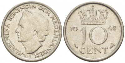 Нидерланды 10 центов 1948 Вильгельмина (1895-1948) KM 177 никель 214-745