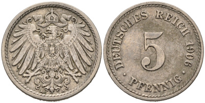 ГЕРМАНИЯ 5 ПФЕННИГОВ 1906 A, KM 11, J. 12 медно-никель 75-855