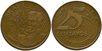 Бразилия 25 сентаво 2005 KM 650, Schon 158 сталь плакированная бронзой 4525-357