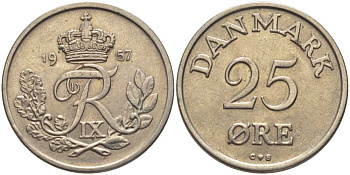 ДАНИЯ 25 ЭРЕ 1957 С;S, ФРЕДЕРИК IX (1947-1972) KM 842.2 медно-никель 202-734