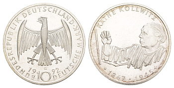 Германия 10 марок 1992 G, 125 лет со дня рождения Кете Кольвиц KM 178 серебро UNC 4634-1013