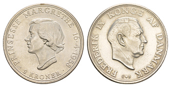 Дания 2 кроны 1958 18 лет Принцессе Маргрете KM 845 серебро BU 413-3115