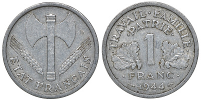 Франция 1 франк 1944 правительство Виши KM 902.1, Le Franc 223.5 алюминий 4163-423