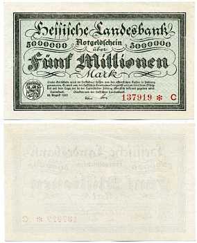 ДАРМШТАДТ, ГЕРМАНИЯ 5000000 МАРОК (5 МИЛЛИОНОВ МАРОК) 1923 22 АВГУСТА 1923, НОТГЕЛЬД, ЗЕМЛЯ ГЕССЕН, НОМЕР, СНЕЖИНКА, СЕРИЯ C, HESSESCHE LANDESBANK Keller 956a бумага аUNC 8613-24-2-2