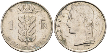 Бельгия 1 франк 1980 BELGIQUE KM 142.1 медно-никель 4586-655