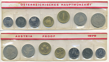 Австрия набор из 7 монет  1979  2, 5, 10, 50 грошей, 1, 5, 10 шиллингов, в целлофане KM PS 39 PROOF 4399-12-2